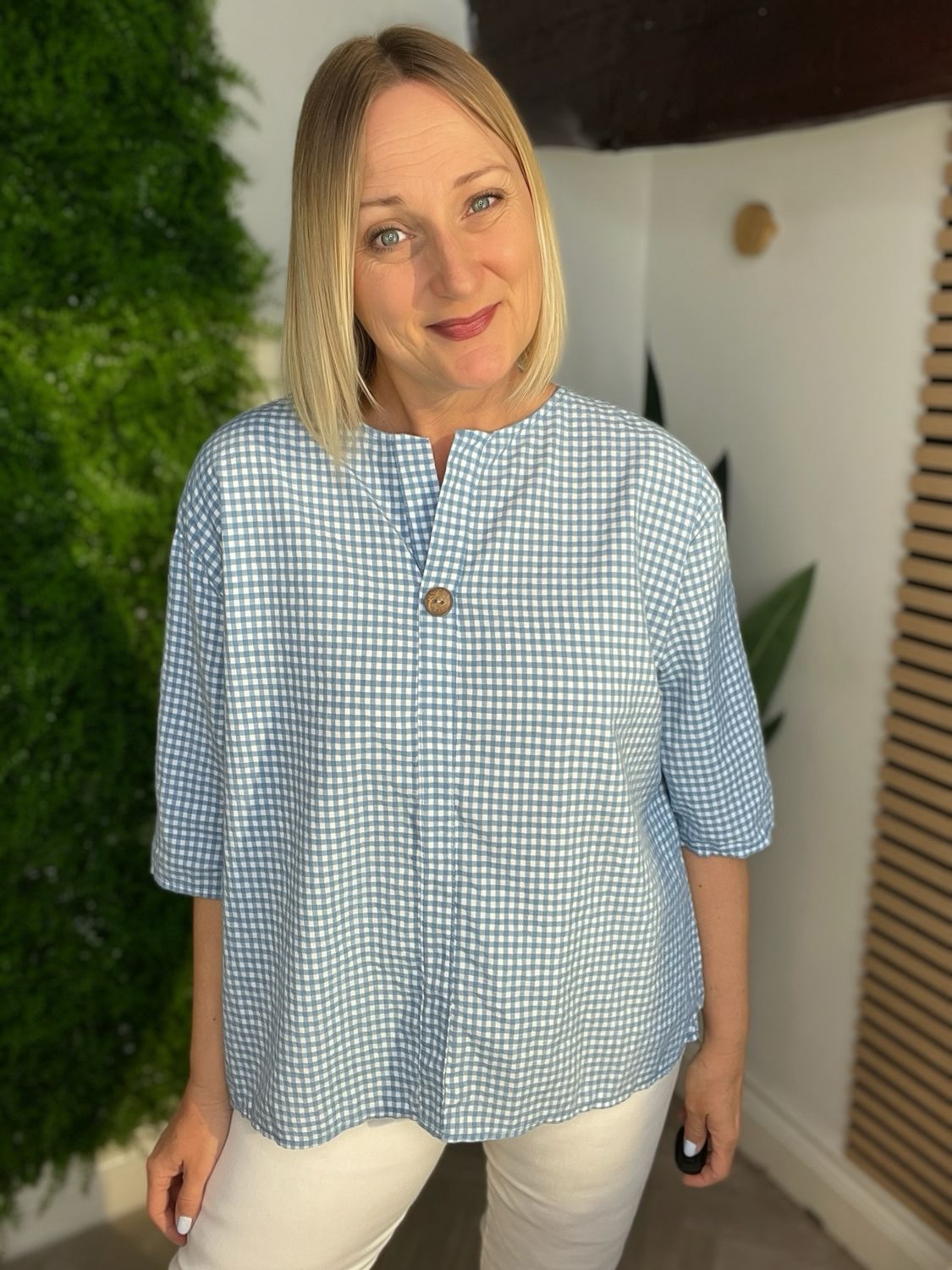 Gingham Notch Neck Top - Blue