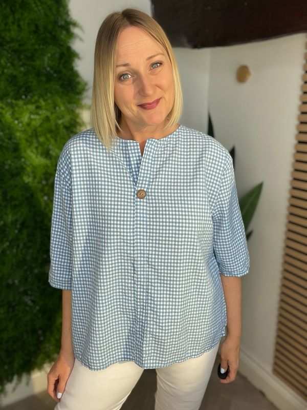 Gingham Notch Neck Top - Blue