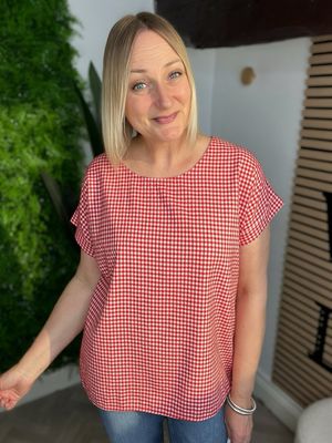 Gingham Capped Sleeve Top - Red