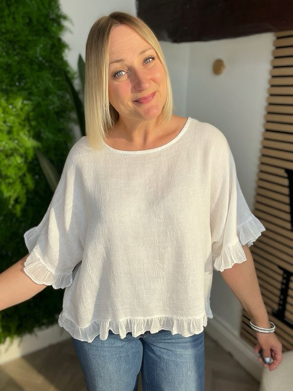 Frill Sleeve & Hem Summer Top - White