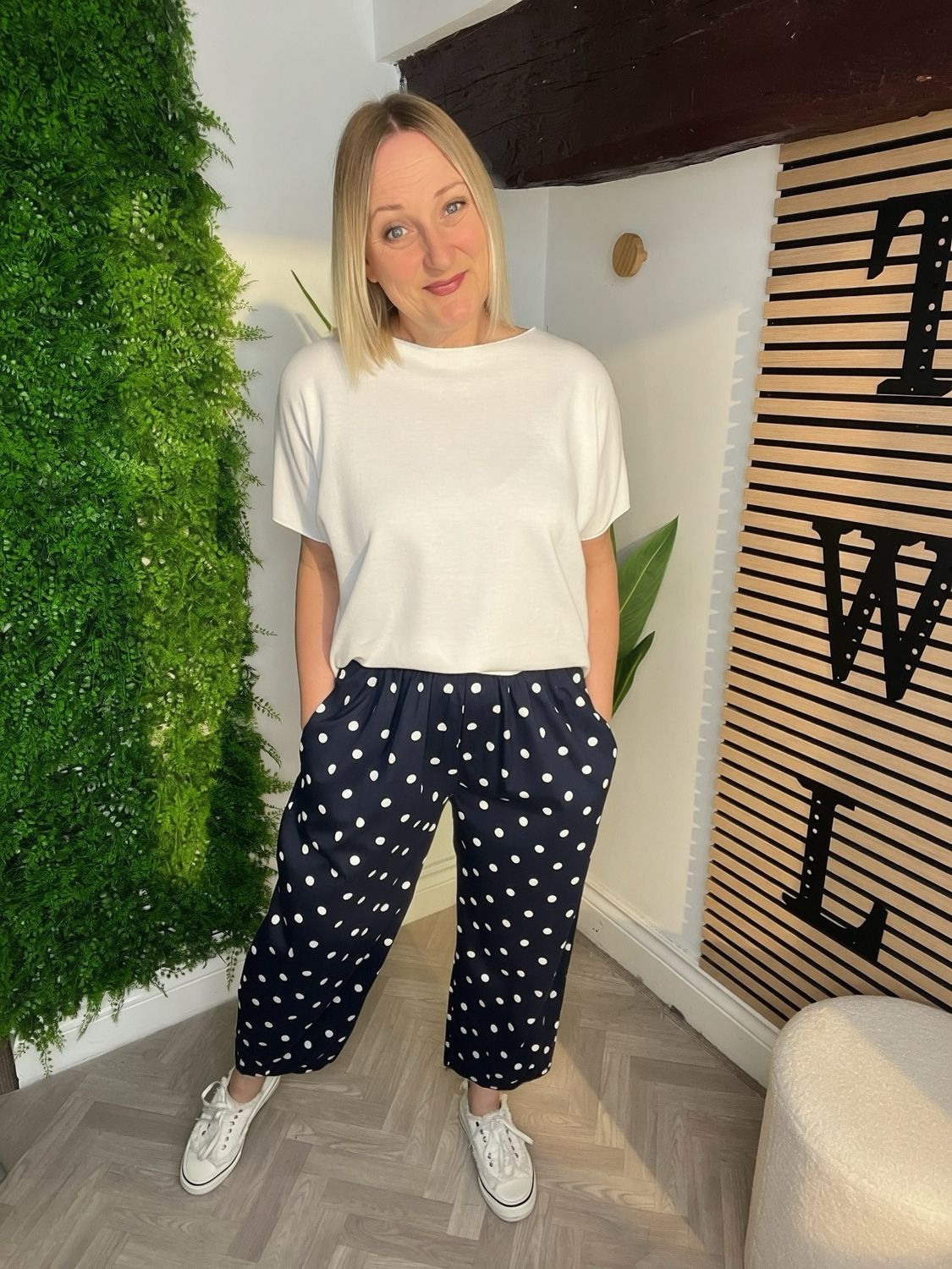 Polka Dot Pegged Style Trousers - Navy & White