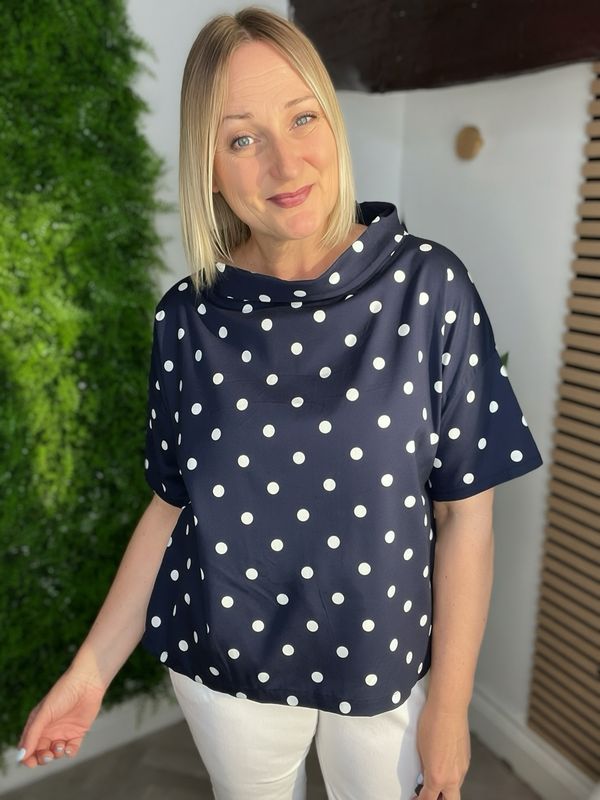 Polka Dot Funnel Neck Short Sleeve Top - Navy & White