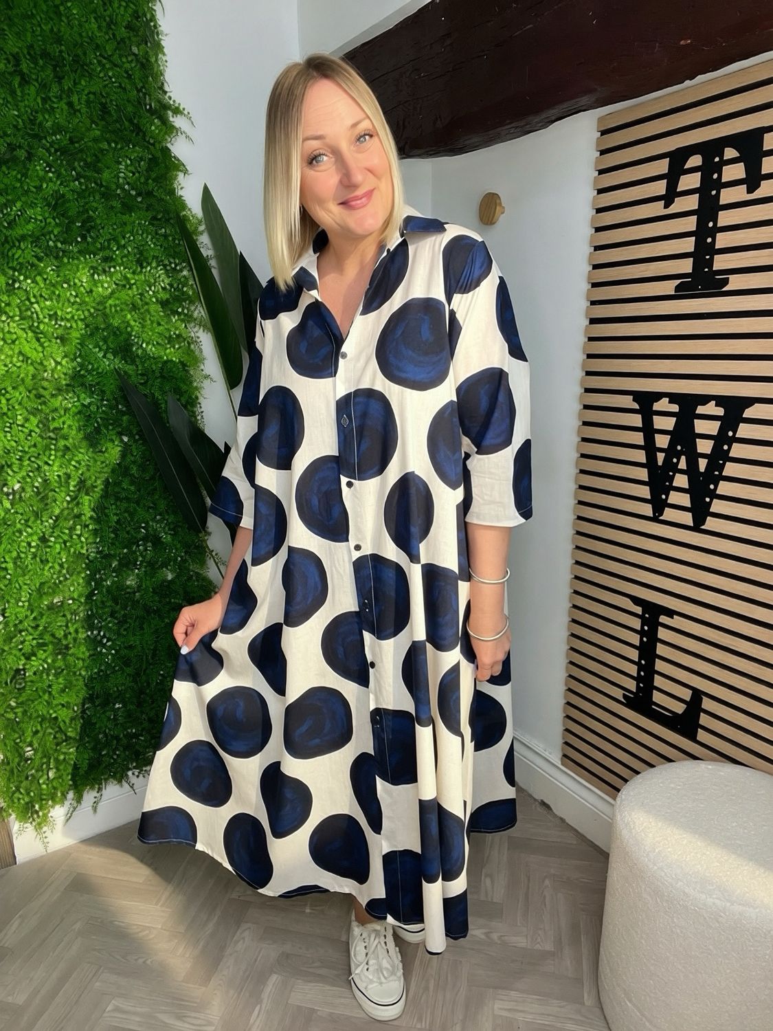 Large Dot Short Dress - Navy & Ecru