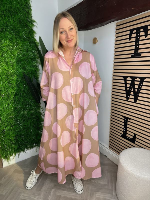 Large Dot Short Dress - Pink & Latte