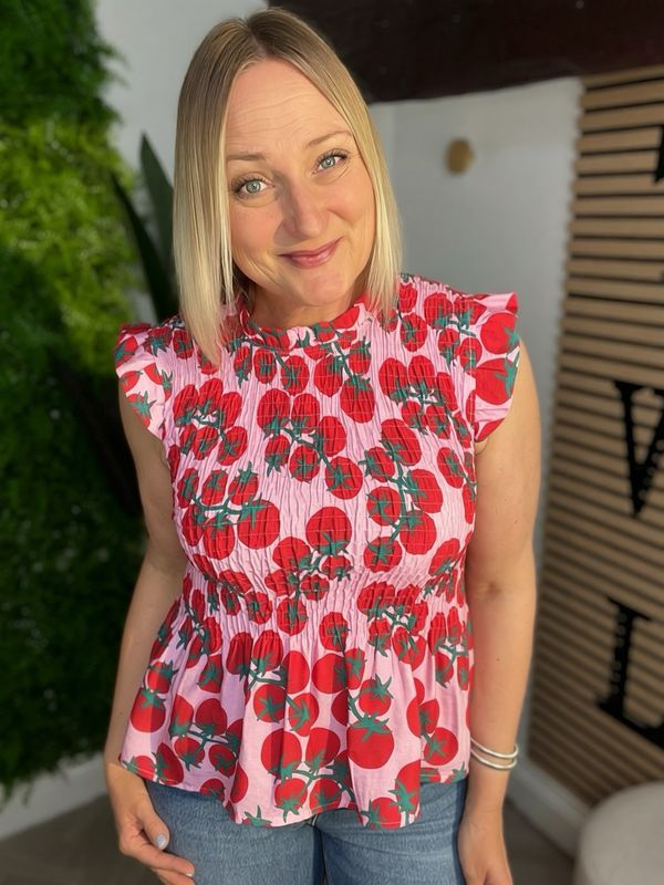 Shirred Stitch Frill & Peplum Top - Vine Tomatoes ( Red & Pink )