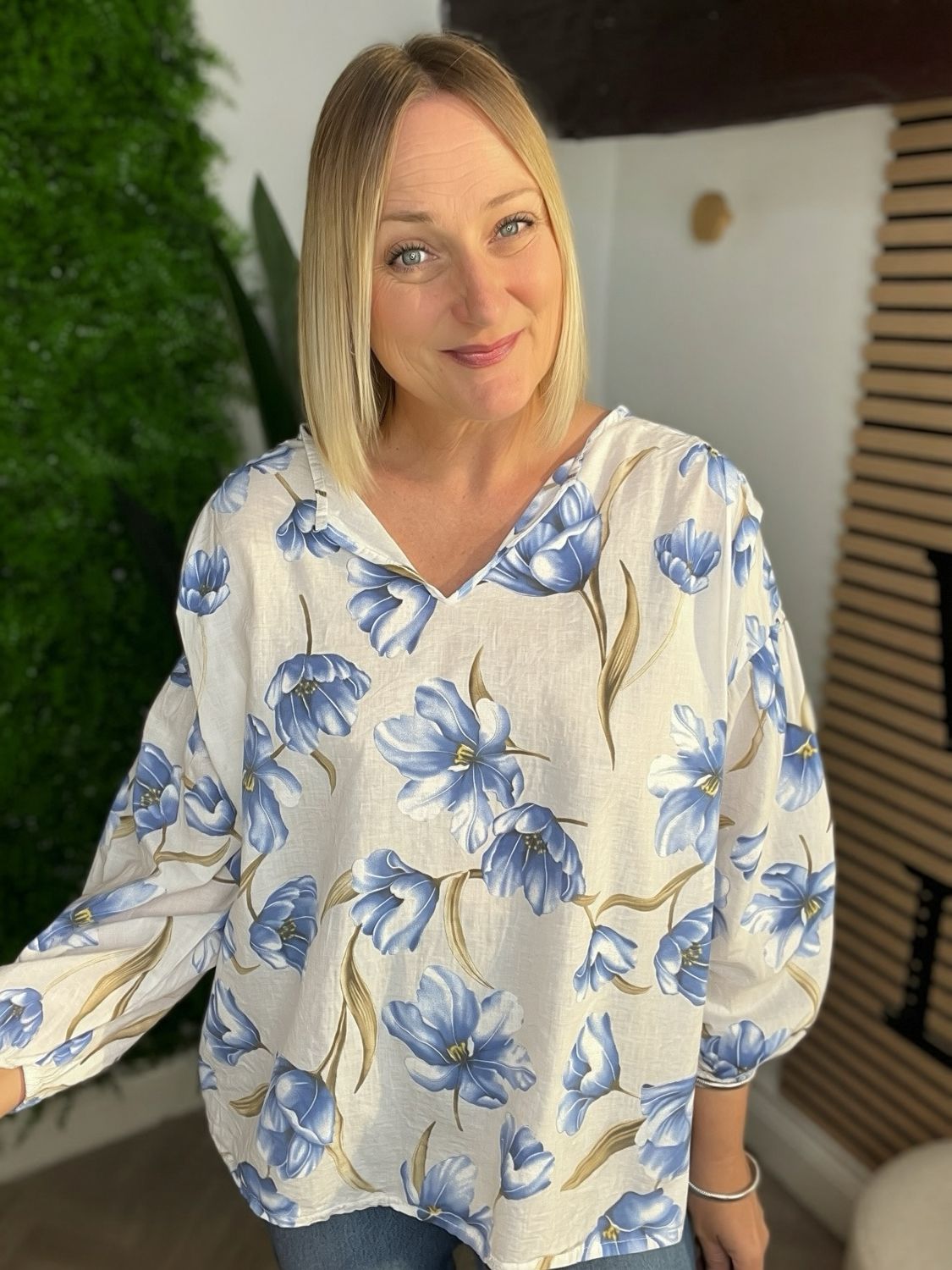 Large Flower Print Cotton Blouse - White & Blue