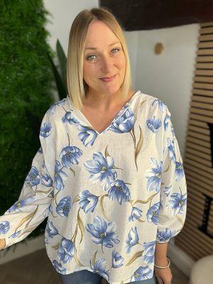 Large Flower Print Cotton Blouse - White & Blue
