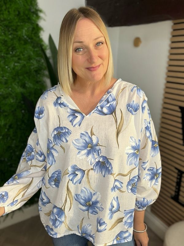Large Flower Print Cotton Blouse - White & Blue