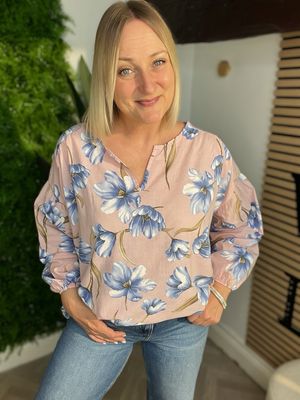 Large Flower Print Cotton Blouse - Rose & Blue Large Flower Print Cotton Blouse - Rose & Blue