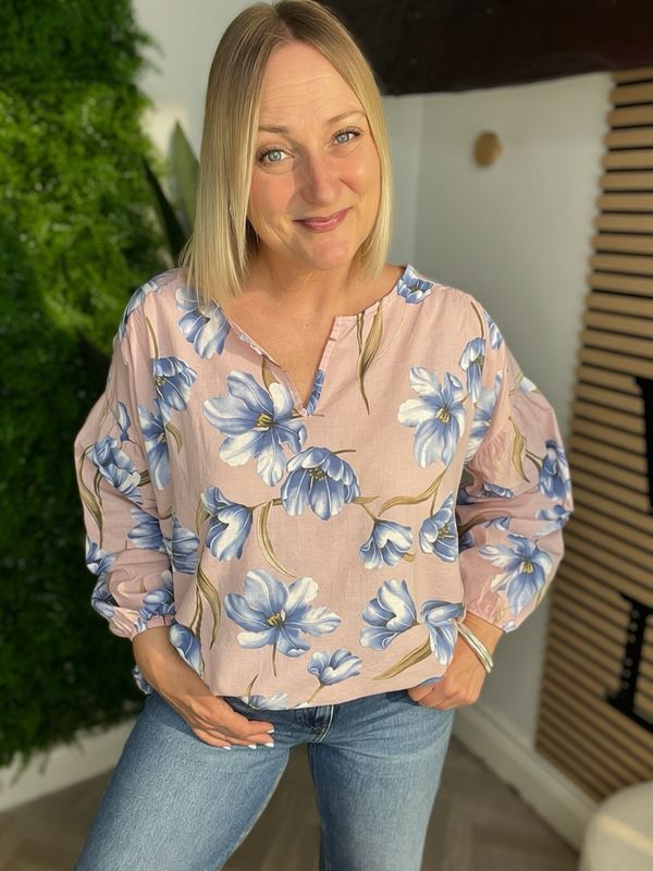 Large Flower Print Cotton Blouse - Rose & Blue