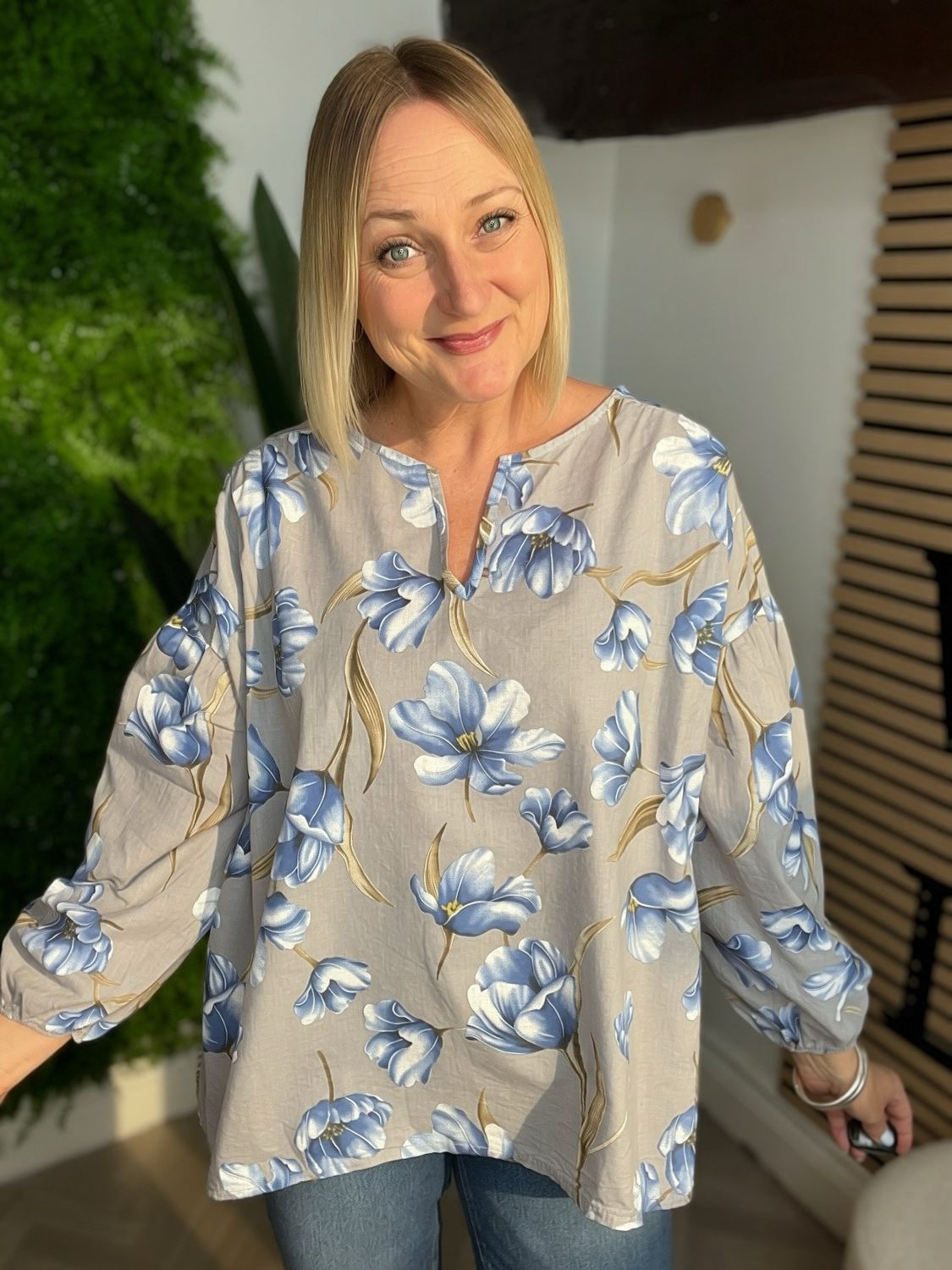 Large Flower Print Cotton Blouse - Grey & Blue