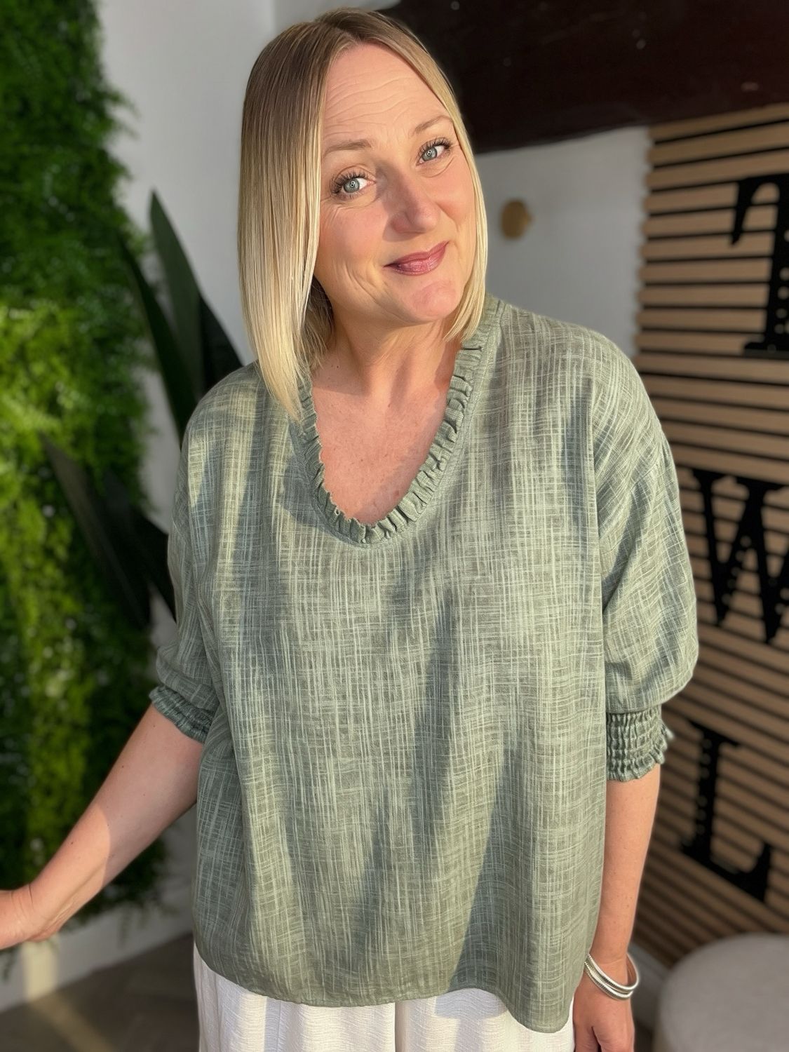 Frill Neck Cotton Blouse Top - Khaki