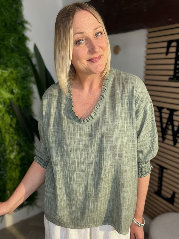 Frill Neck Cotton Blouse Top - Khaki