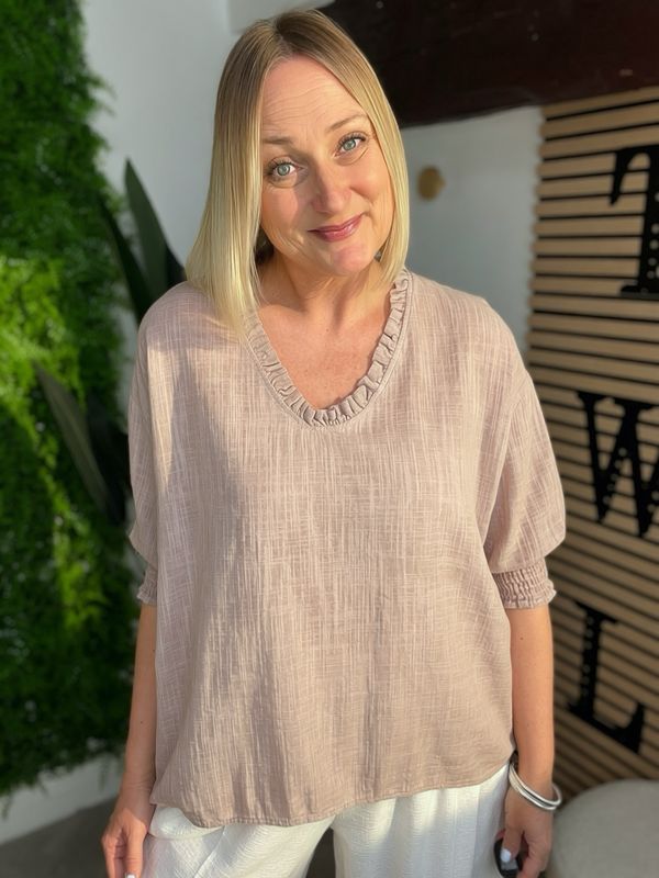 Frill Neck Cotton Blouse Top - Mauve