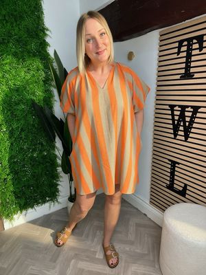 Stripe Feature Sleeve Short Dress - Orange & Latte Stripe Feature Sleeve Short Dress - Orange & Latte