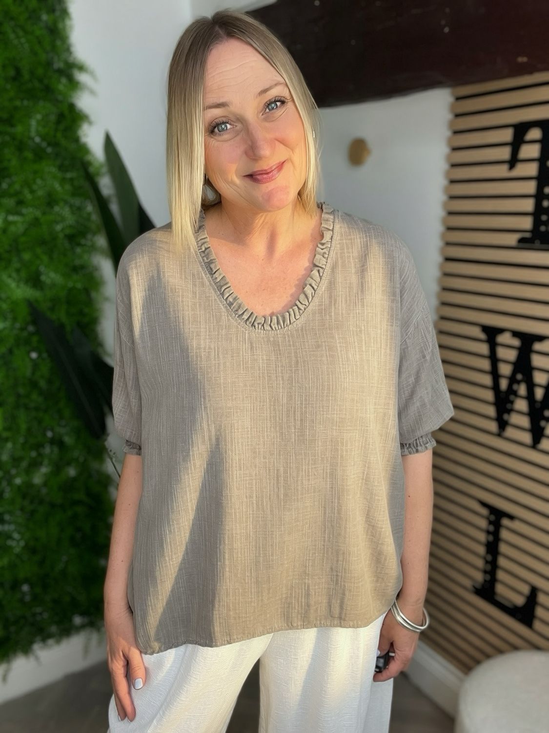 Frill Neck Cotton Blouse Top - Mocha