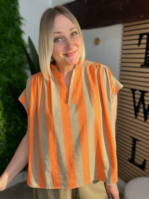 Striped Notch Neck Cotton Top - Orange & Latte