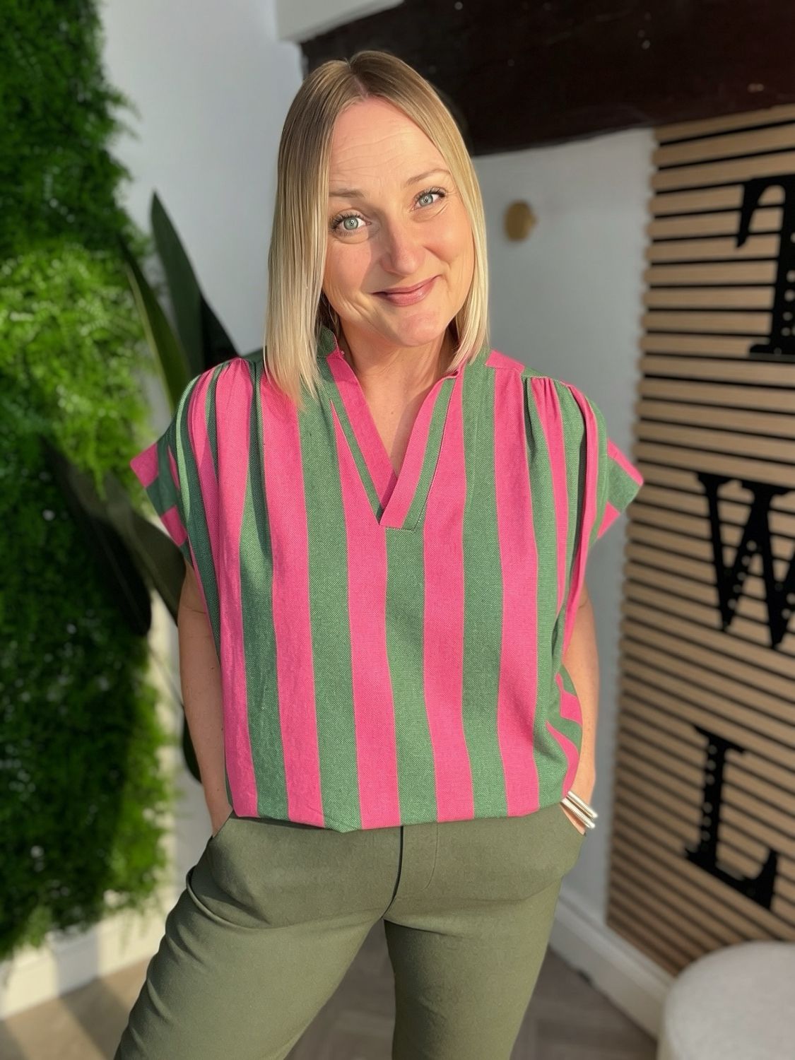 Striped Notch Neck Cotton Top - Pink & Green