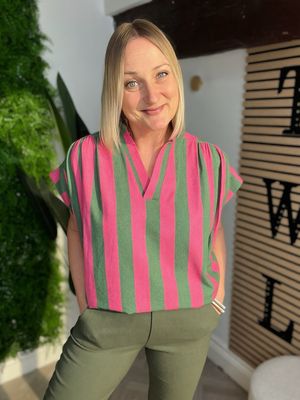 Striped Notch Neck Cotton Top - Pink & Green