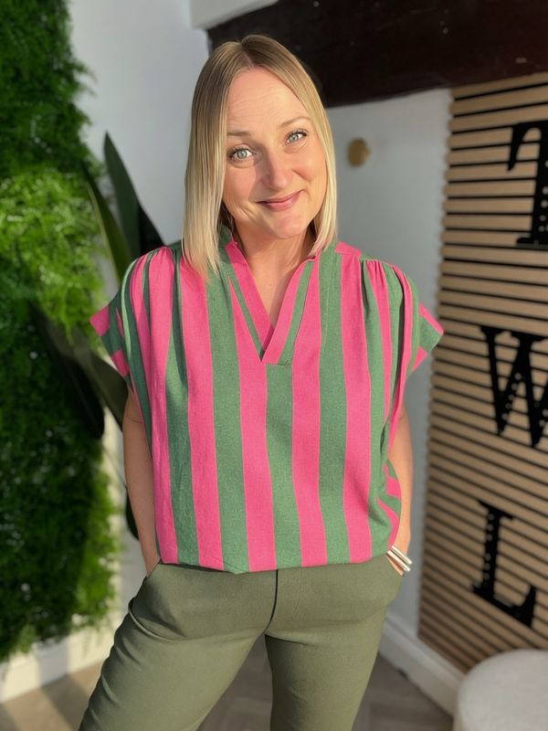 Striped Notch Neck Cotton Top - Pink & Green