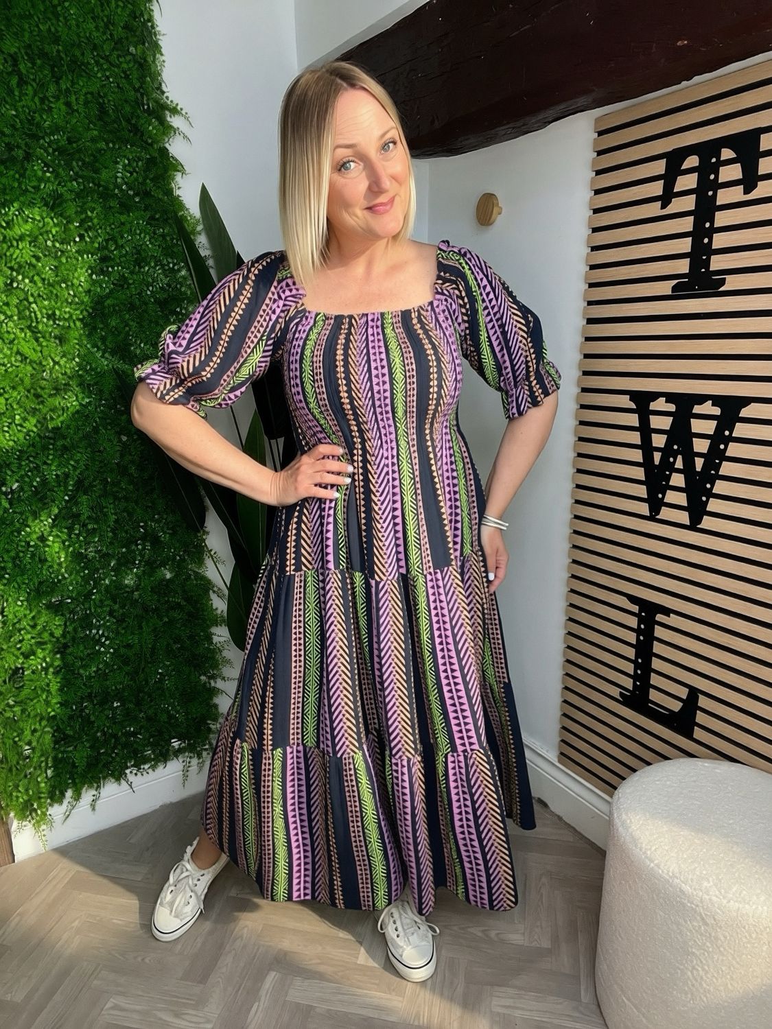 Aztec Print Waffle Maxi Dress - Navy Mix