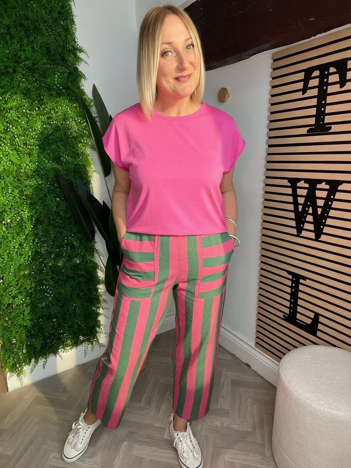 Stripe Feature Pockets Trousers - Pink & Green