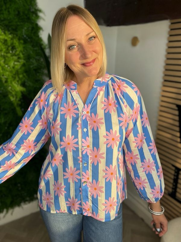 Summer Shirt In Light Cotton - Daisy Pink & Blue
