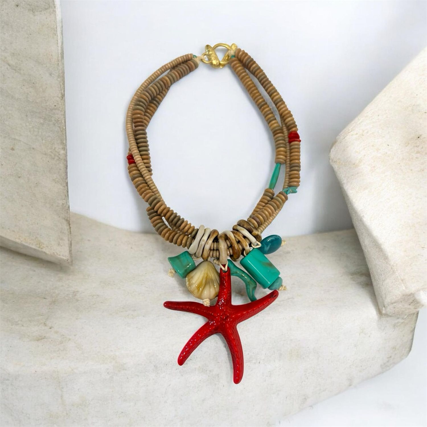 Starfish & Shell Wooden Bead Necklace