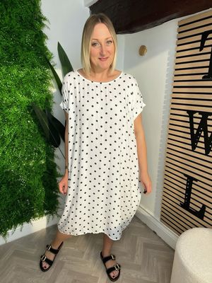 Polka Dot Twist Detail Summer Dress - White & Black