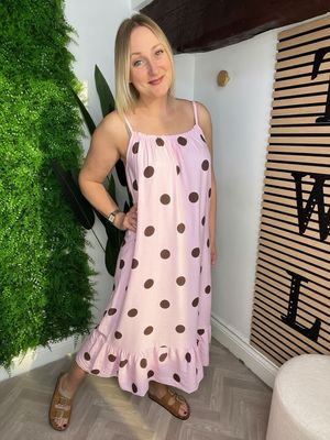 Polka Dot Sun Dress Midi Length - Pink & Brown