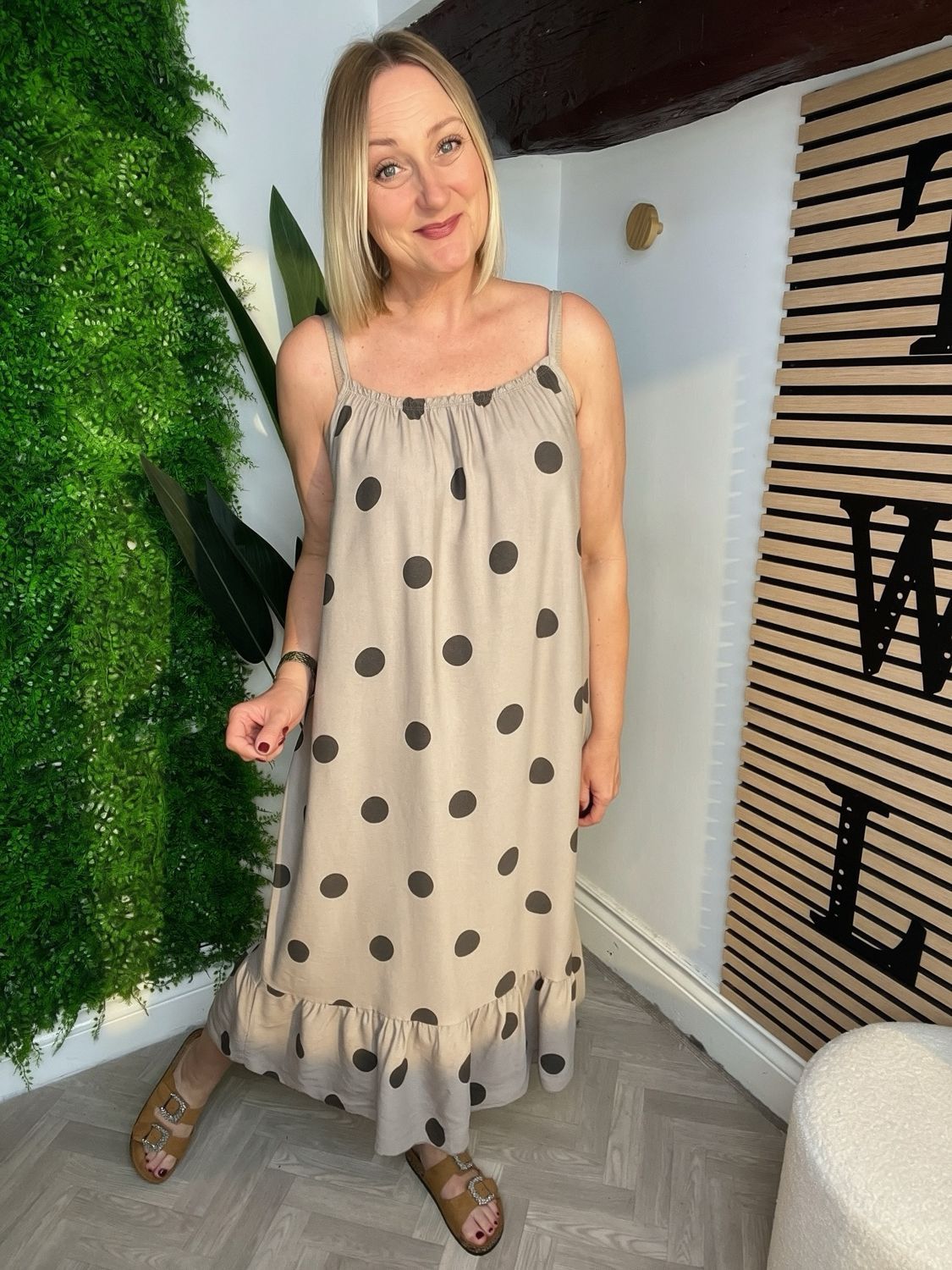 Polka Dot Sun Dress Midi Length - Mocha & Brown
