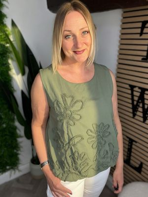 Appliqué Detail Bubble Hem Summer Top - Khaki