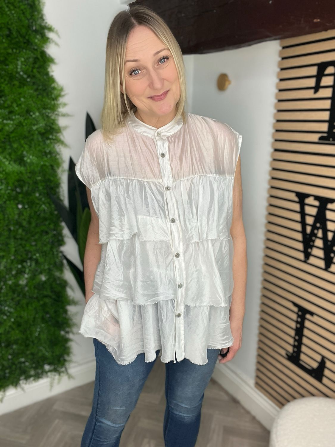 Tiered Frill Sleeveless Shirt Blouse - Off White Tiered Frill Sleeveless Shirt Blouse - Off White