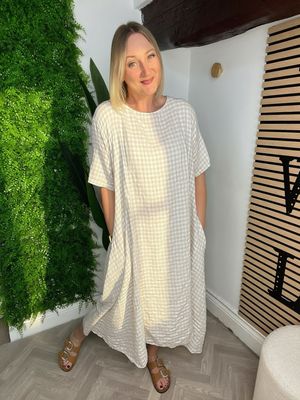 Gingham Short Sleeve Dress - Stone