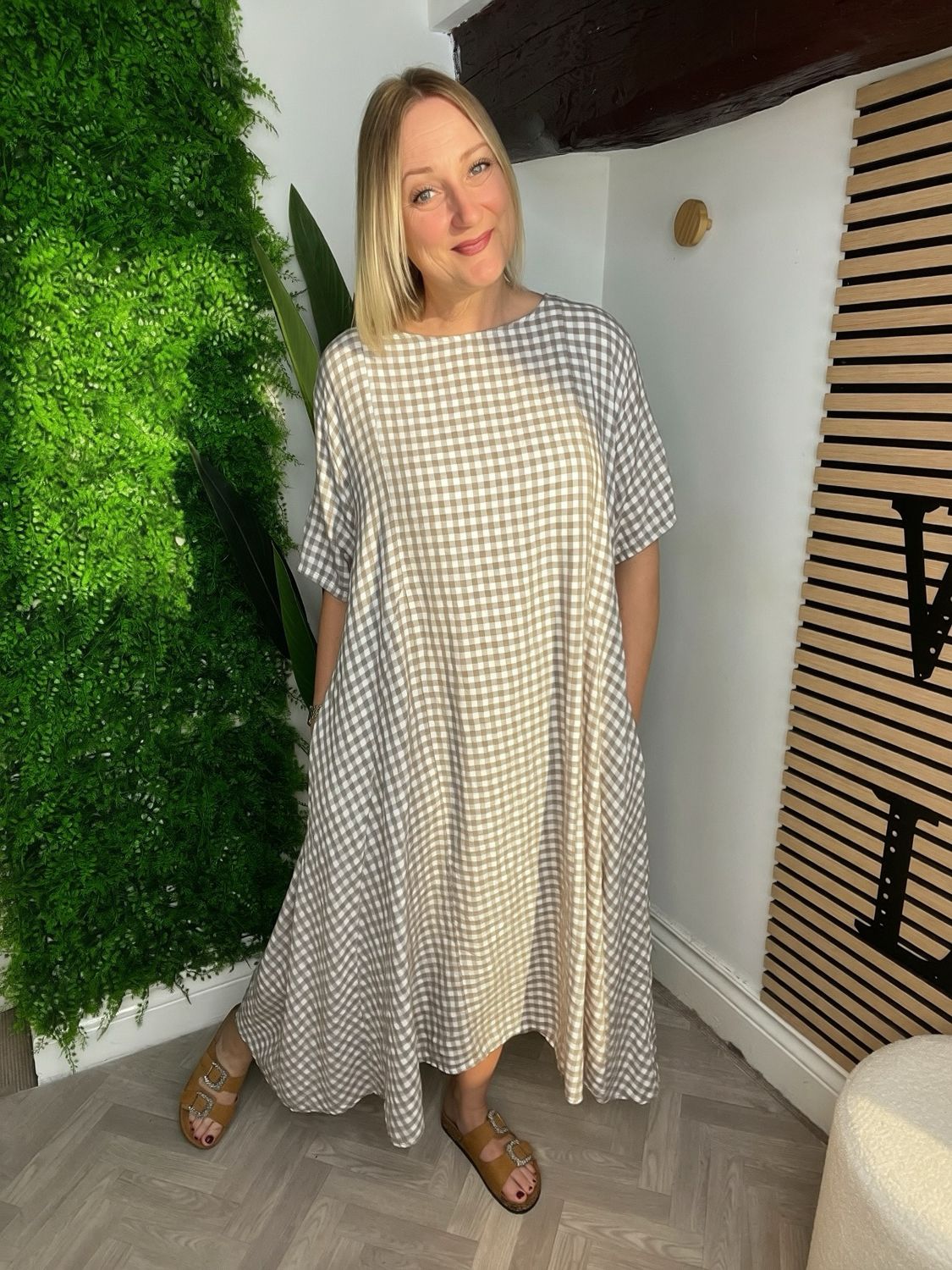 Gingham Short Sleeve Dress - Taupe Gingham Short Sleeve Dress - Taupe