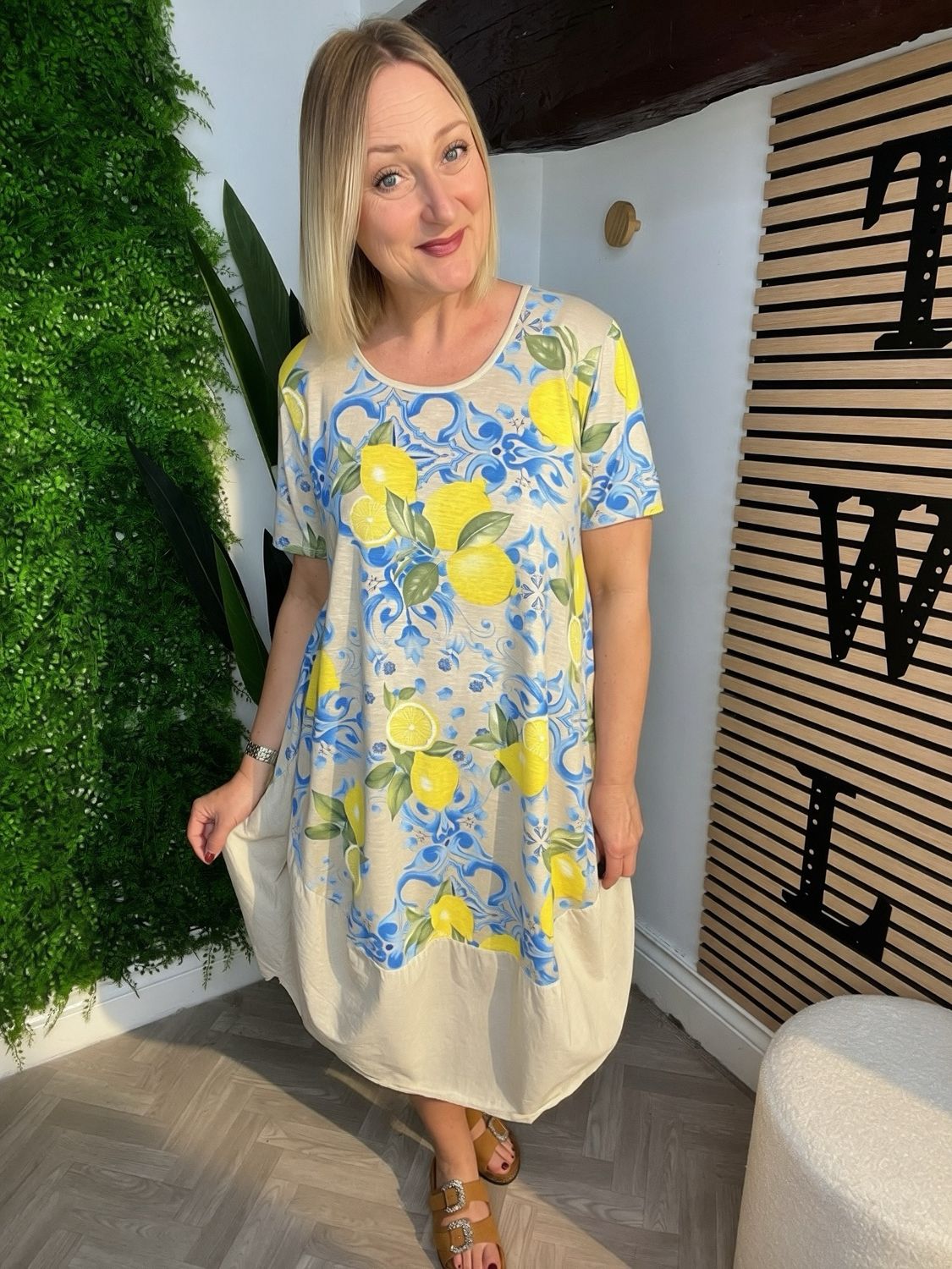 Jersey Lemon Dress - Stone, Lemon And Blue Jersey Lemon Dress - Stone, Lemon And Blue