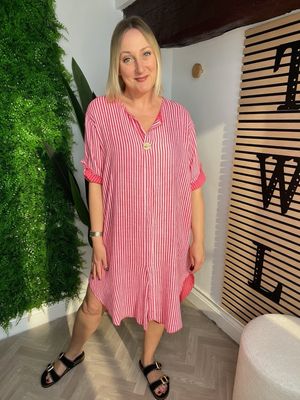 Cotton Stripe Column Dress - Red