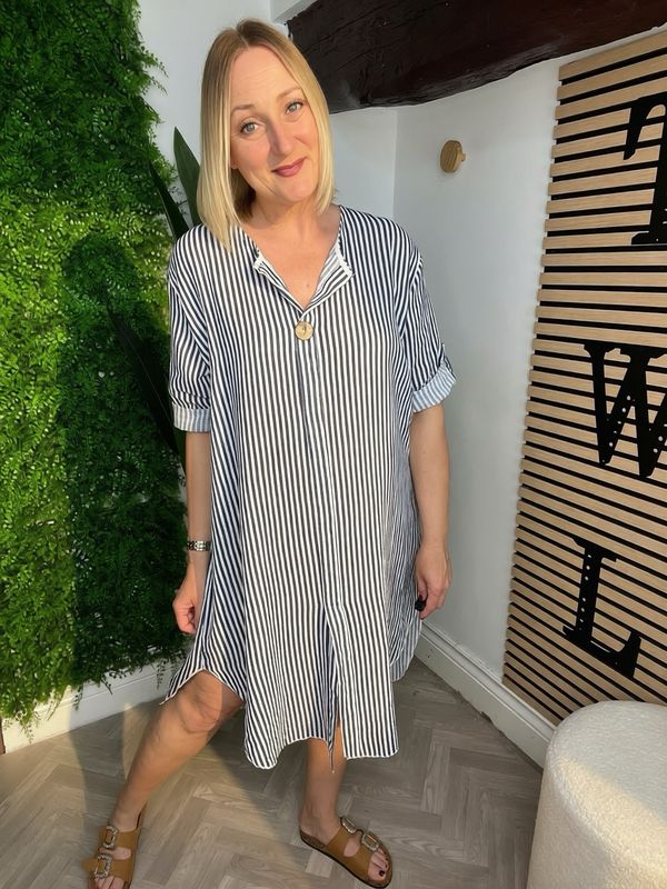 Cotton Stripe Column Dress - Navy