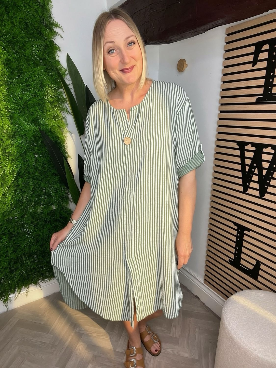 Cotton Stripe Column Dress - Khaki