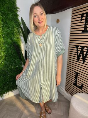 Cotton Stripe Column Dress - Khaki