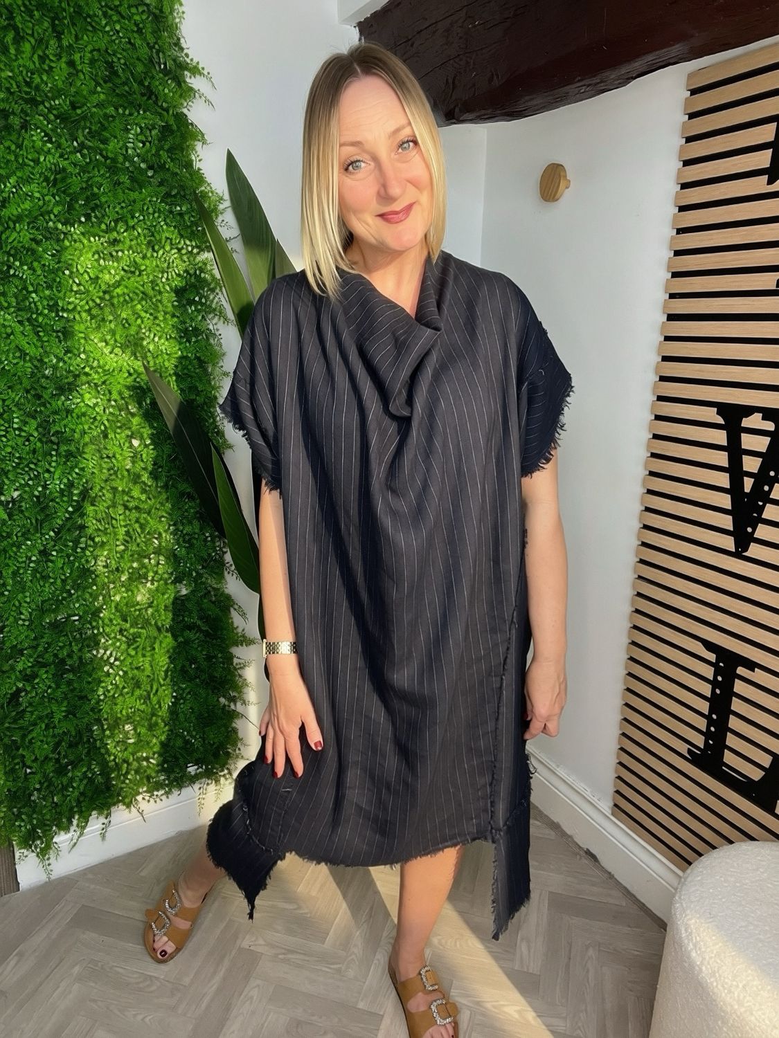 Pinstripe Linen Dress - Navy