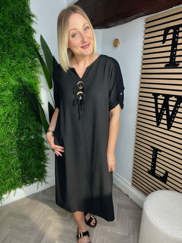 Linen Blend Column Dress - Black