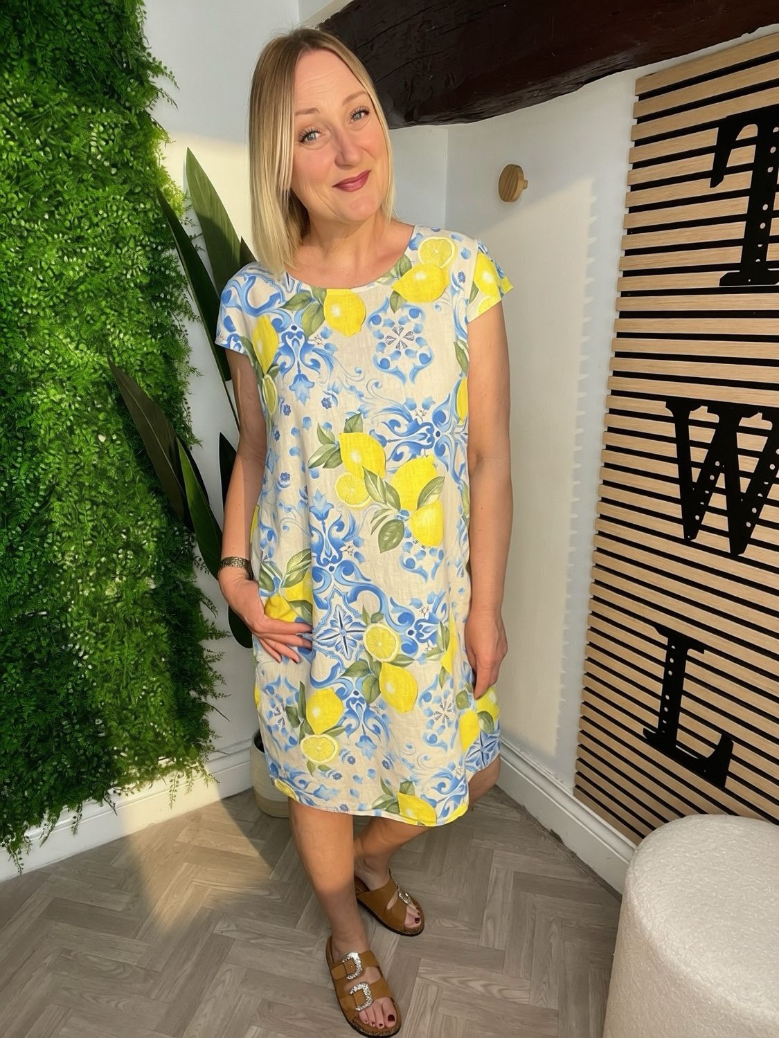 Lemon Linen Dress - Stone, Blue And Yellow