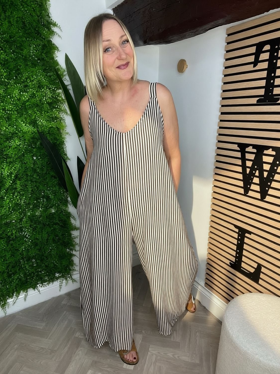 Loose Relaxed Fit Jumpsuit- Stripe Chocolate