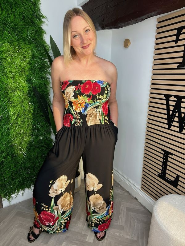 Shirred Bandeau Jumpsuit- Black & Red
