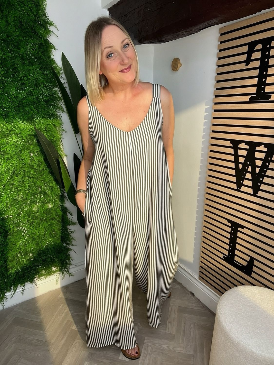 Loose Relaxed Fit Jumpsuit- Stripe Khaki Loose Relaxed Fit Jumpsuit- Stripe Khaki