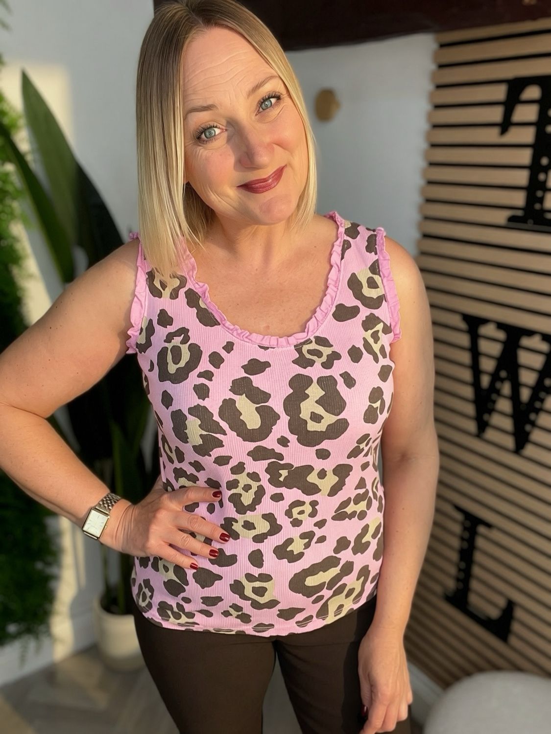 Frill Sleeve & Neck Leopard Vest Top - Pink & Chocolate