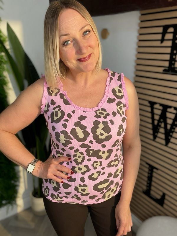 Frill Sleeve & Neck Leopard Vest Top - Pink & Chocolate