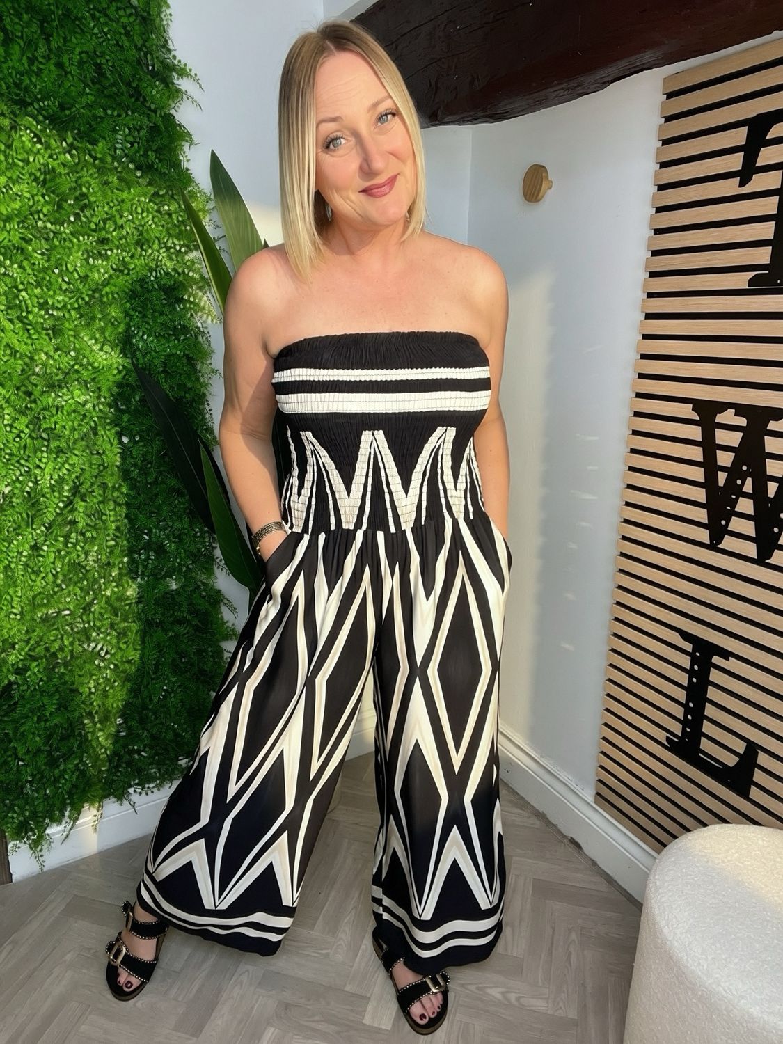 Shirred Bandeau Jumpsuit- Black & Cream