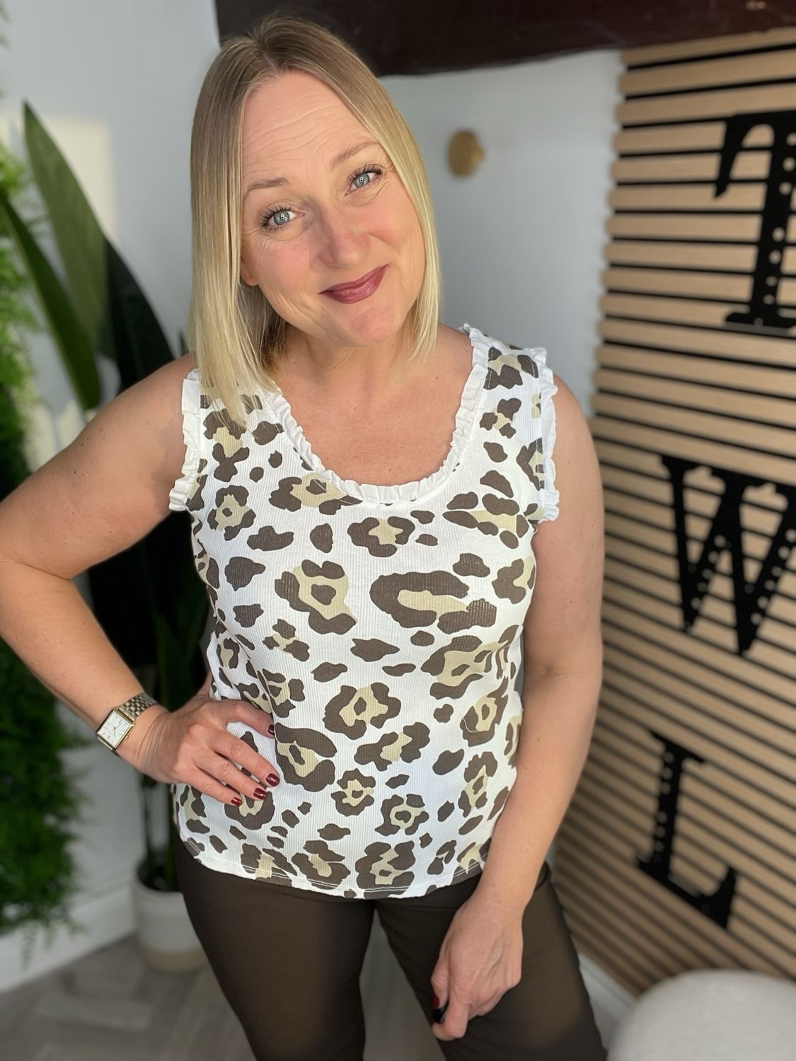 Frill Sleeve & Neck Leopard Vest Top - White & Chocolate